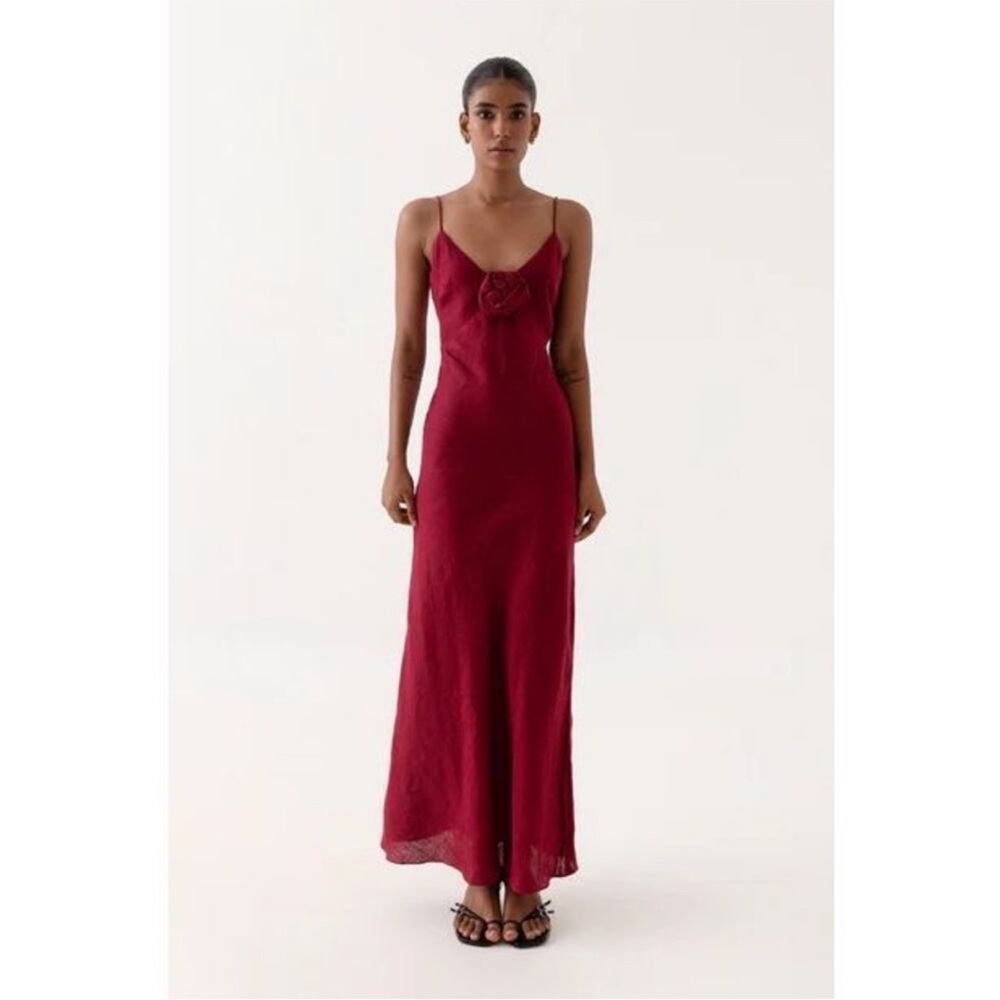 NWT Summer Away "Caprera" 100% Linen Sangria Red Midi Cut Out Back Rosette Dress